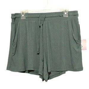 Happily Grey Womens Elastic Waist Shorts L Green Ribbed Stretchy‎ Drawstring